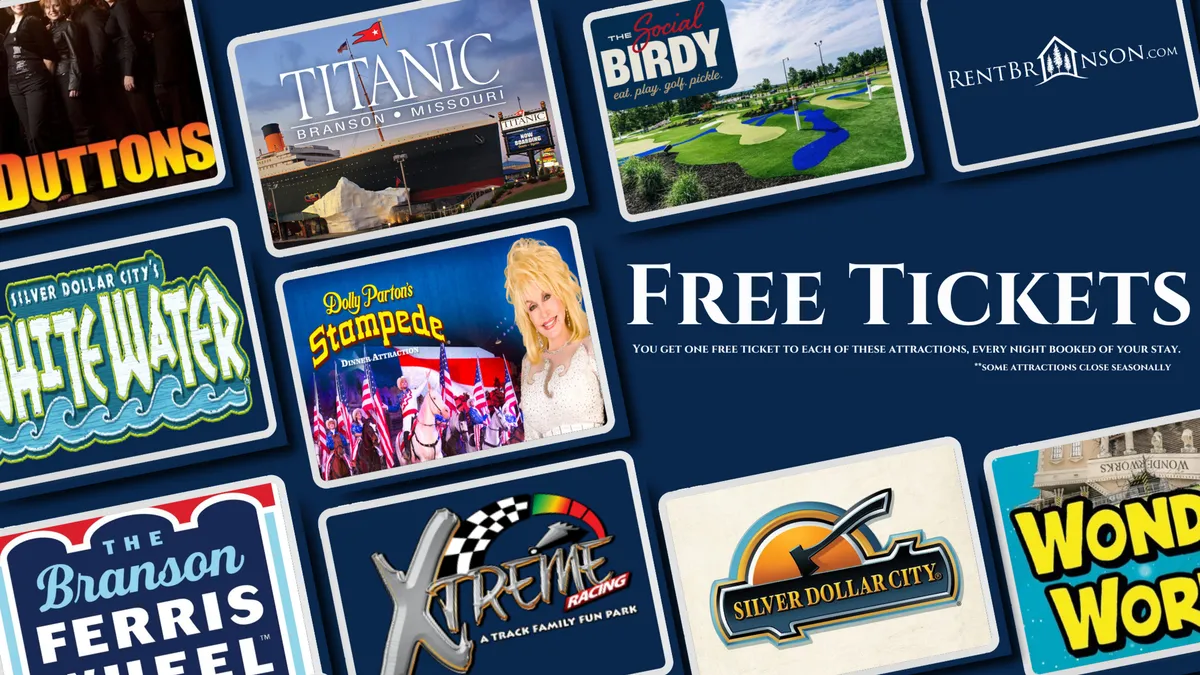 A vibrant interior scene featuring a display of attraction logos and text promoting complimentary tickets to local hotspots like Silver Dollar City, White Water, and the Titanic attraction. The display suggests a family-friendly vacation with access to exciting area amusements and entertainment.